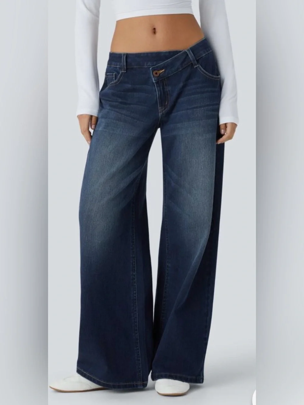 Halara Flex Wide-Leg Asymmetrical Low Rise Baggy Dark Blue Jeans - Size L - Picture 1 of 7